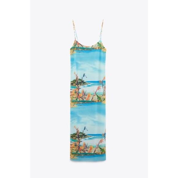 Zara Tropical Island Print Tulle Maxi / Midi Dress Spaghetti Strap Size Small - Picture 5 of 15